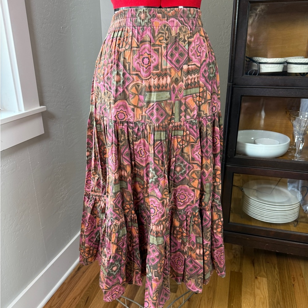 Vintage Red Rock Reflections Boho Tiered Maxi Skirt Southwest Print Cotton XL